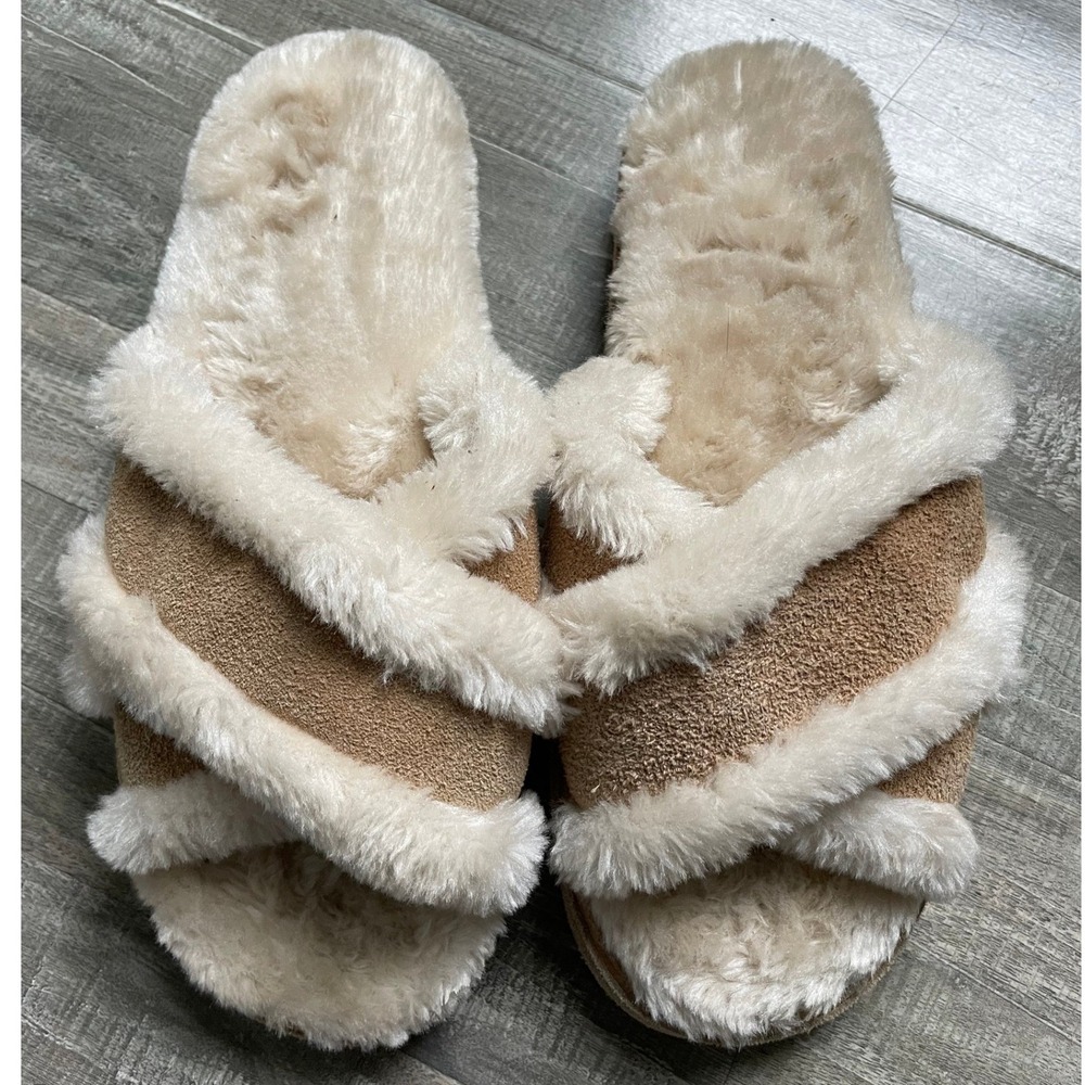 Minnetonka Begonia Suede Faux Fur Crossband Slippers Cinnamon Like New